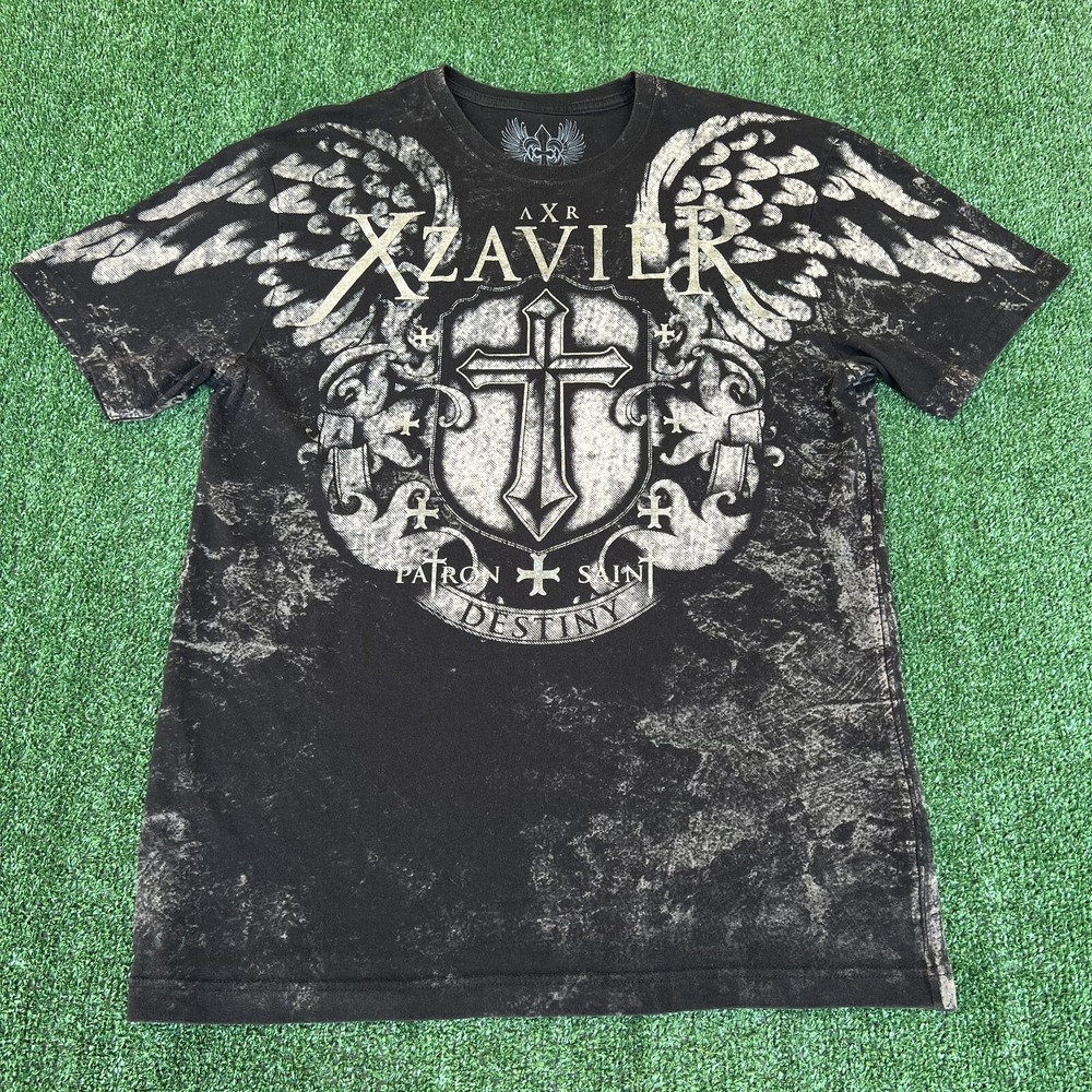 Men's‎ Y2K Xzavier Black AOP Angel Wings Cross Affliction Style Black T-Shirt XL